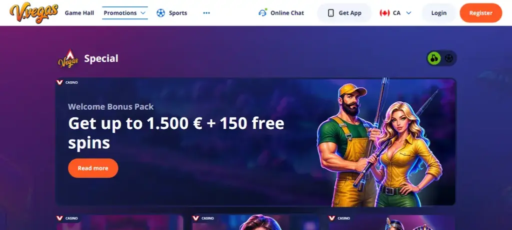 Casino promotions page: welcome bonus pack of up to €1,500 and 150 free spins