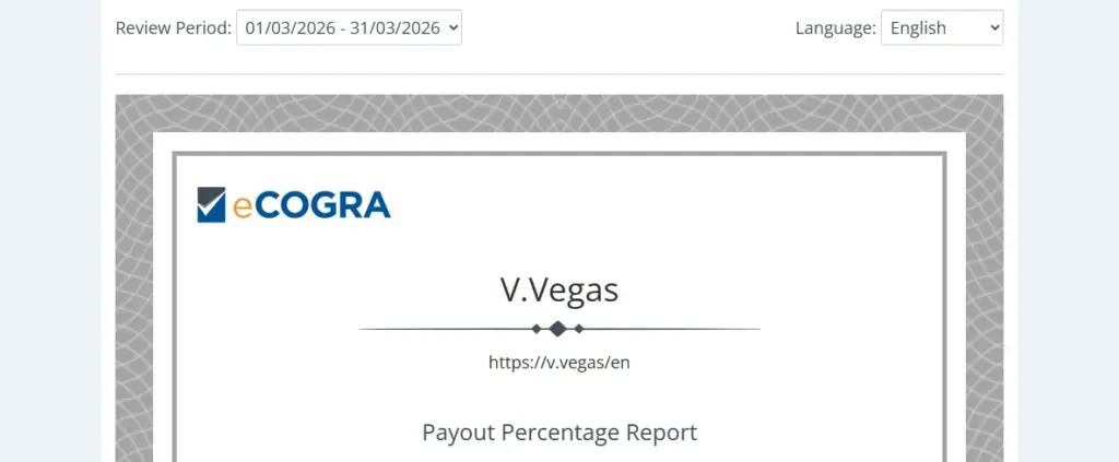 eCOGRA payout percentage report for V.Vegas, review period 1 to 31 March 2026