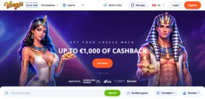 Vulkan Vegas lobby in English: cashback up to €1,000, game search and provider filter