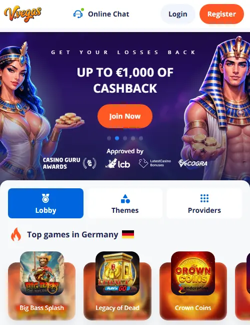 Vulkan Vegas on a phone screen: cashback offer, search and game tiles