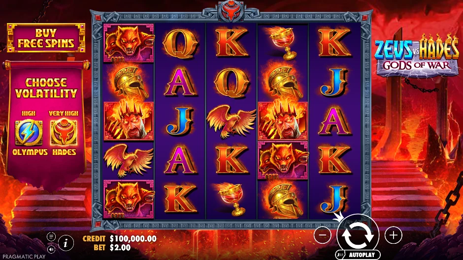 Zeus vs Hades reels with the Choose Volatility panel: high for Olympus, very high for Hades